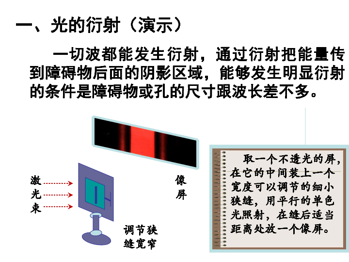 光的衍射      光的干涉现象反映了光具有波动性,而波动性的另一特征