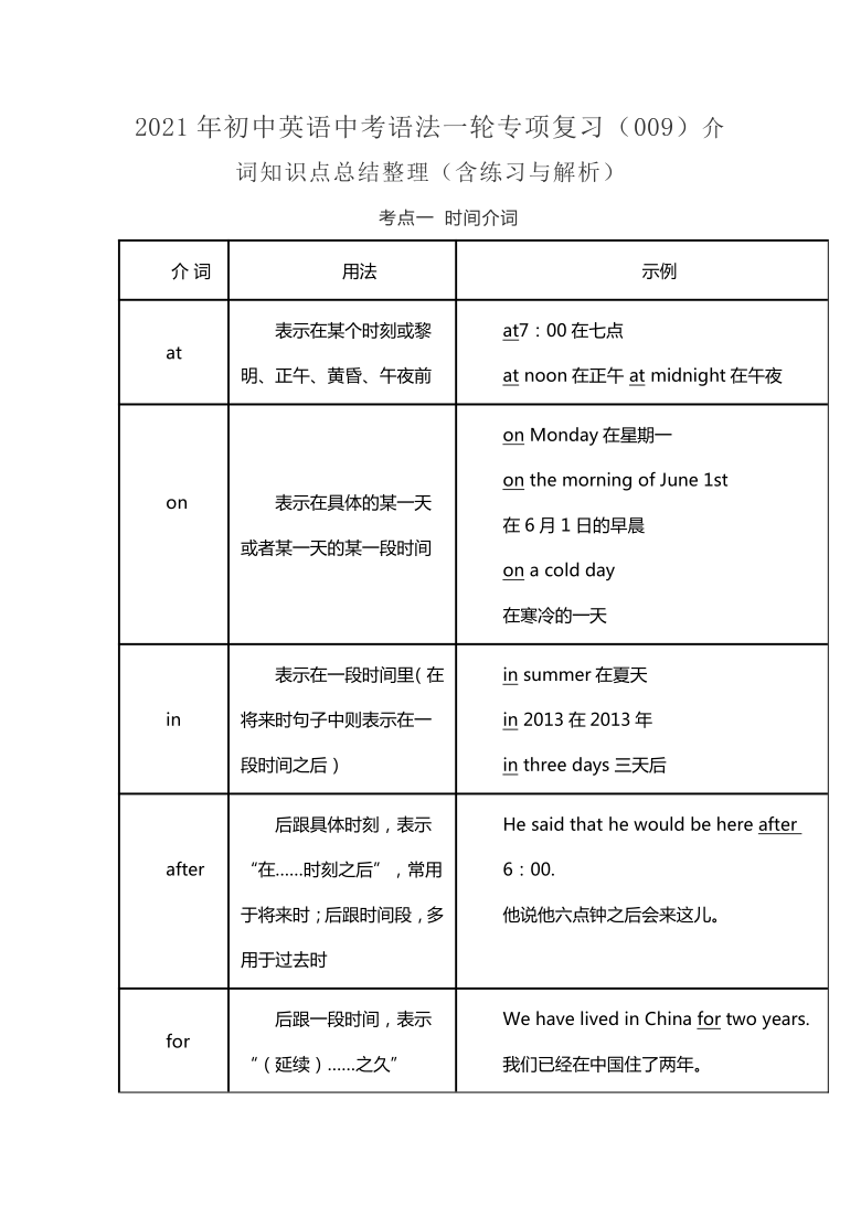 2020年初中英语中考语法一轮专项复习09介词知识点总结整理含练习与