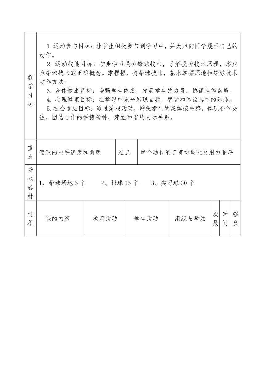 学年人教版高中体育与健康全一册体育特长生原地推铅球教学设计