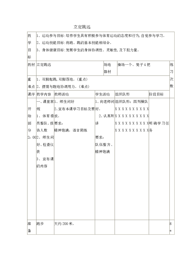 二年级体育立定跳远教案全国通用