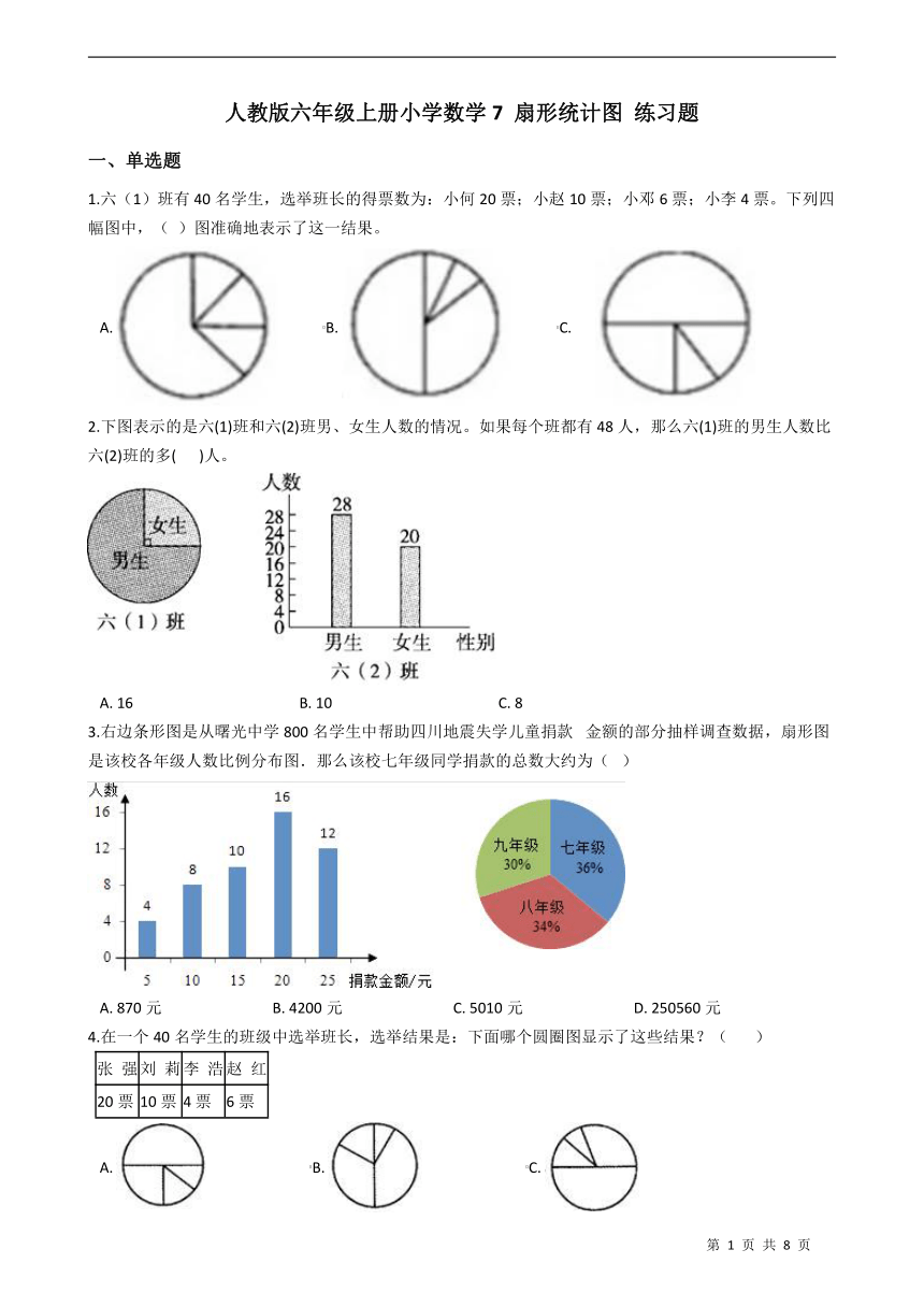 人教版六年级上册数学7扇形统计图练习题含答案