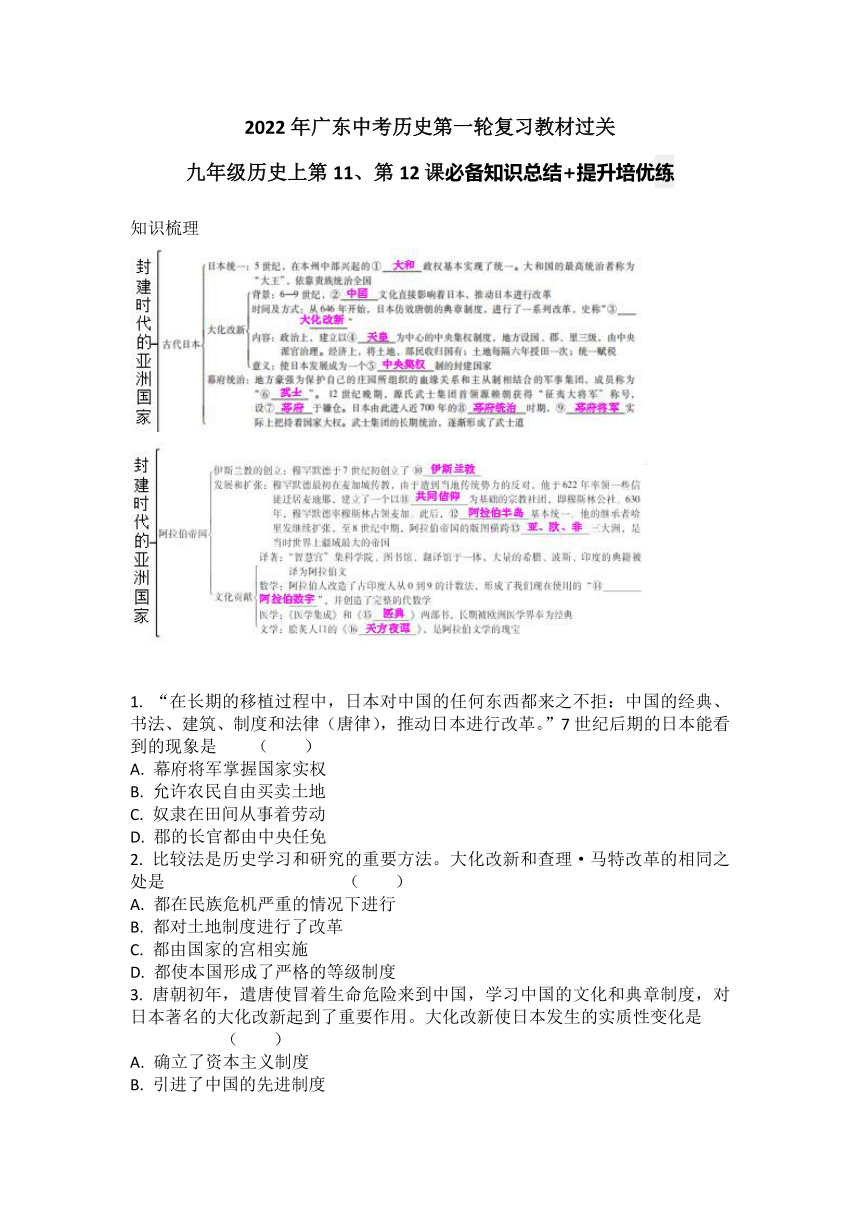 轮复习教材过关九年级历史上第11第12课必备知识总结提升培优练含答案