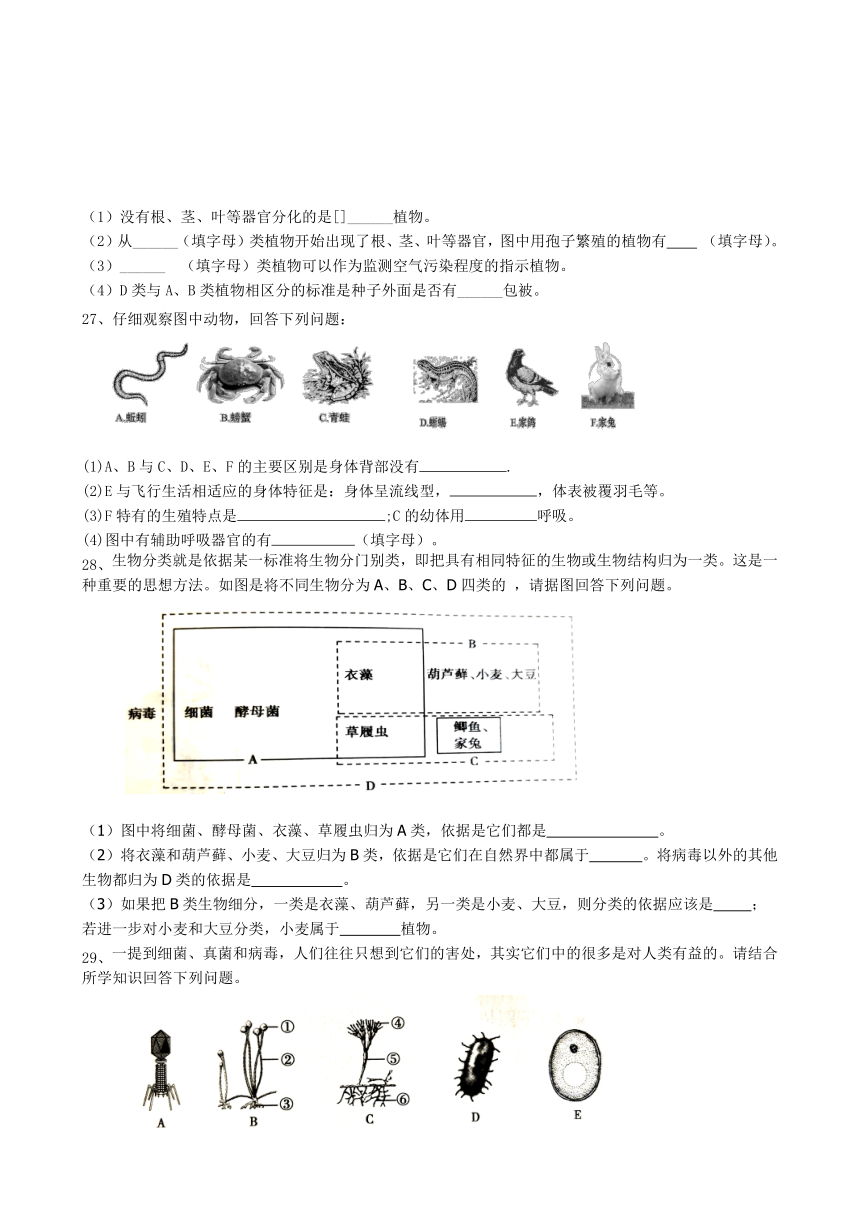 湖南省澧县城关中学2021-2022学年八年级上学期第一次月考生物试题