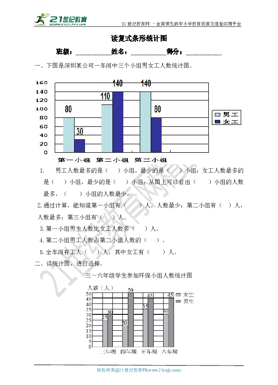 小学 数学 冀教版 四年级下册 七 复式条形统计图 复式条形统计图