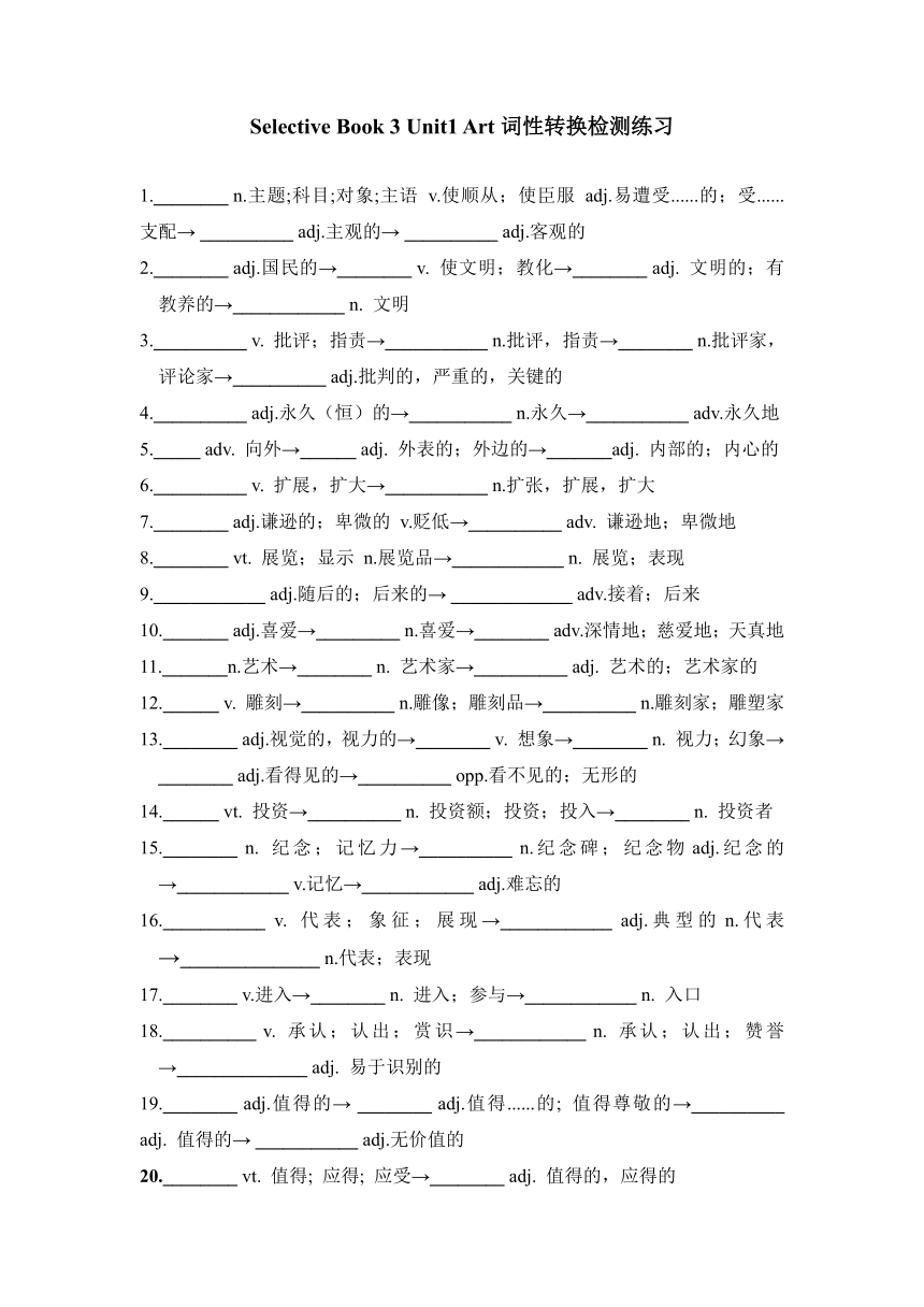 人教版2019选择性必修第三册 Unit1 Art 词性转换检测练习含答案 21世纪教育网