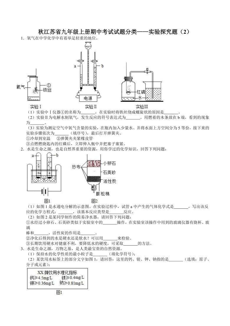 江苏省九年级上册化学期中考试试题分类实验探究题2解析版