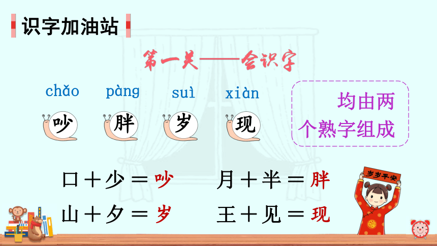 第1课时识字加油站口 少=吵 月 半=胖山 夕=岁 王 见=现吵chǎoxiàn