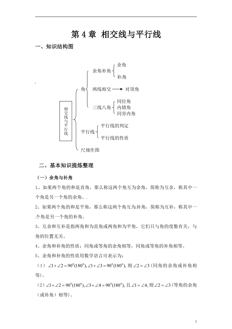 本章综合与测试 学案        第4章相交线与平行线一,知识结构图余角