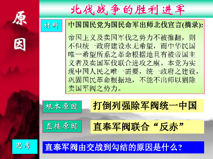 北伐战争的胜利进军北伐先锋主要对象方针结果继续北伐 北伐战争的