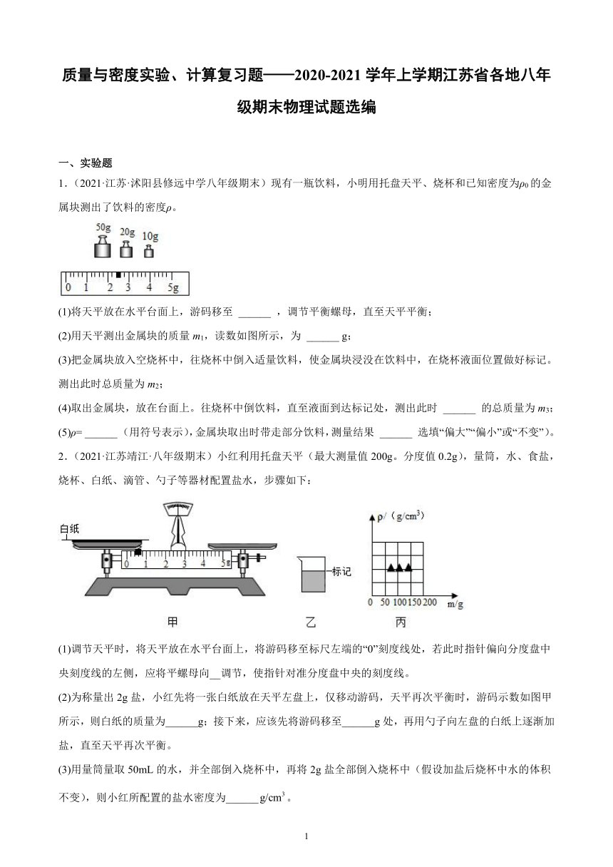 小明用托盘天平,烧杯和已知密度为ρ0的金属块测出