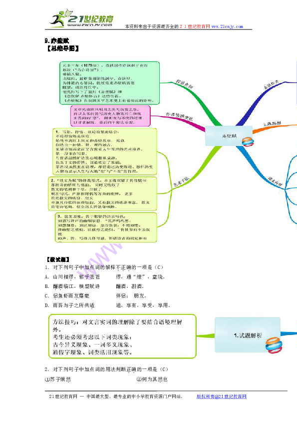 教材图解(思维导图 微试题)人教版语文必修2 9.赤壁赋