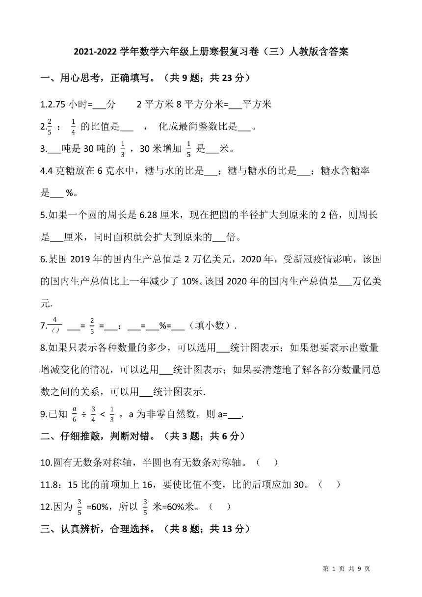 20212022学年数学六年级上册寒假复习卷人教版含答案