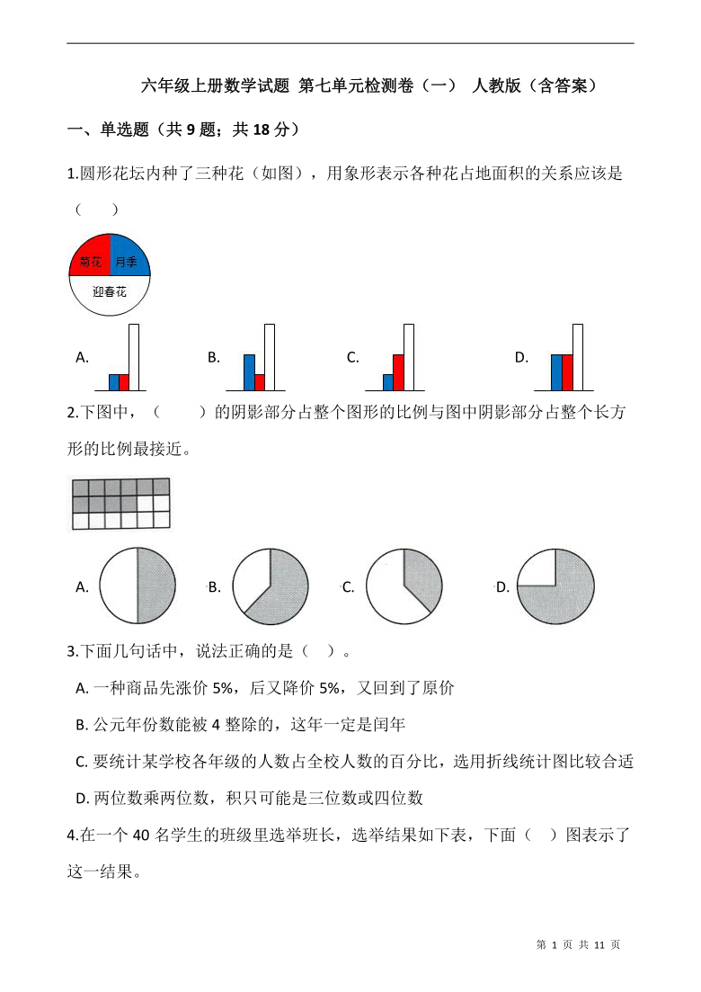 六年级上册数学试题 第七单元 扇形统计图检测卷(一)