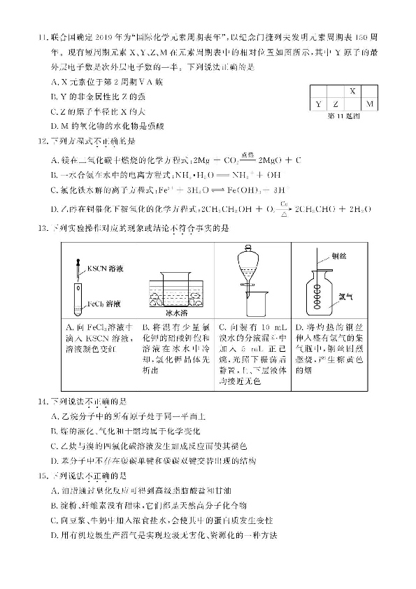 2019年6月浙江省普通高中学业水平考试化学试卷图片版