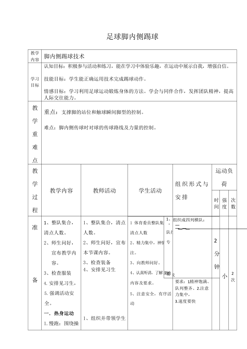 第三章足球足球脚内侧踢球教案20212022学年人教版体育八年级下册表