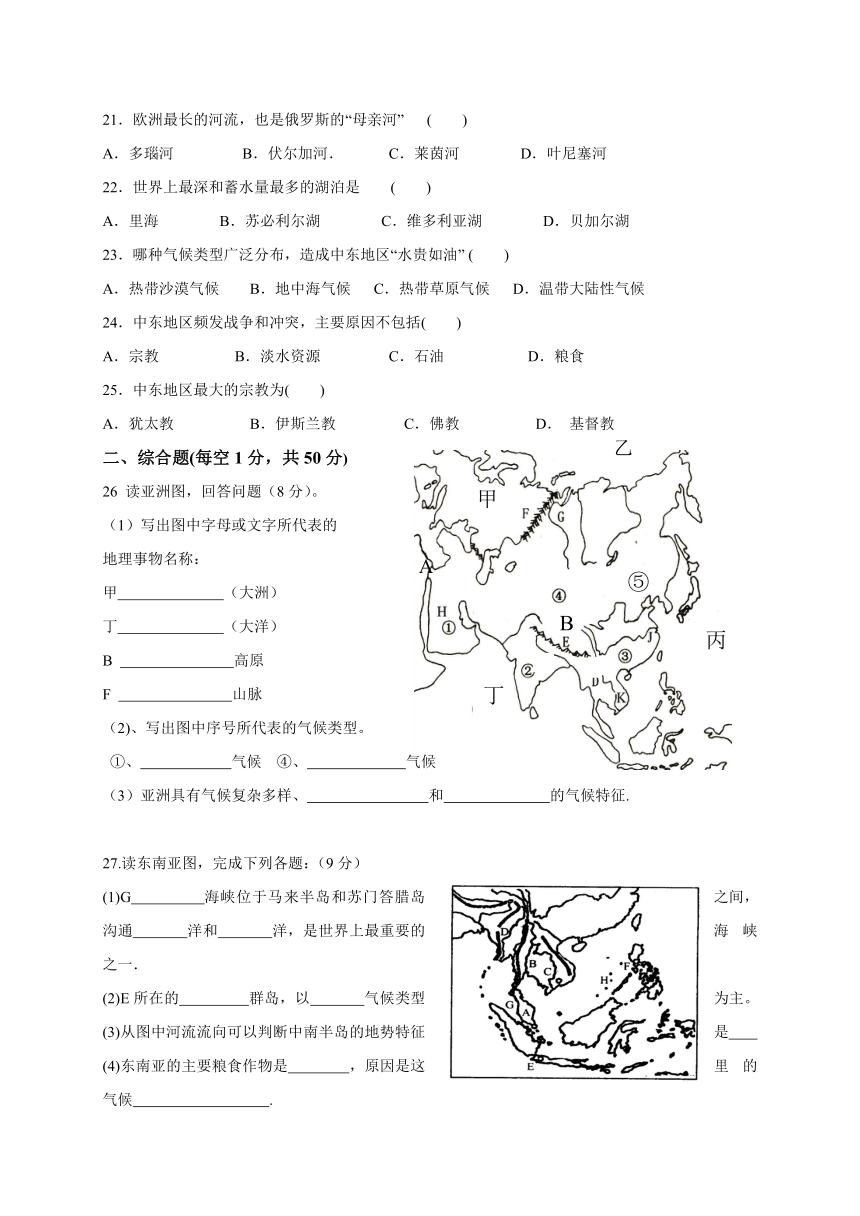 2020-2021年度初一学年第二学期期中地理试卷一,单项选择题(每小题2分