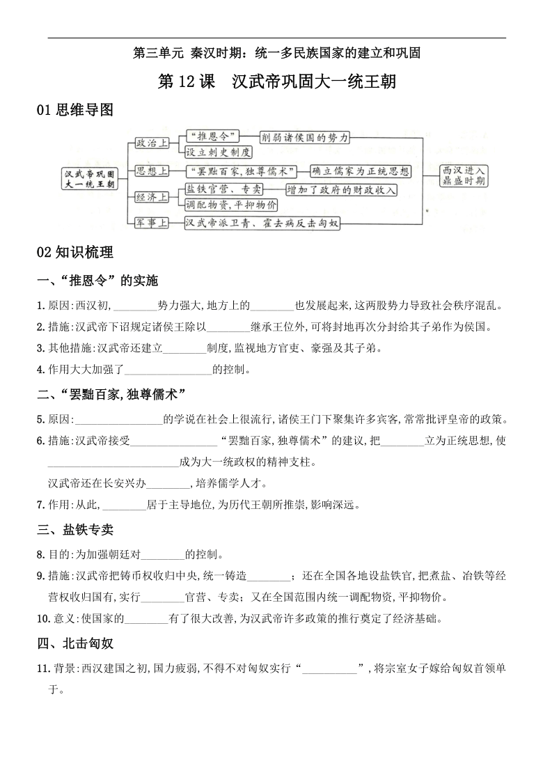 统一多民族国家的建立和巩固第12课汉武帝巩固大一统王朝01思维导图02