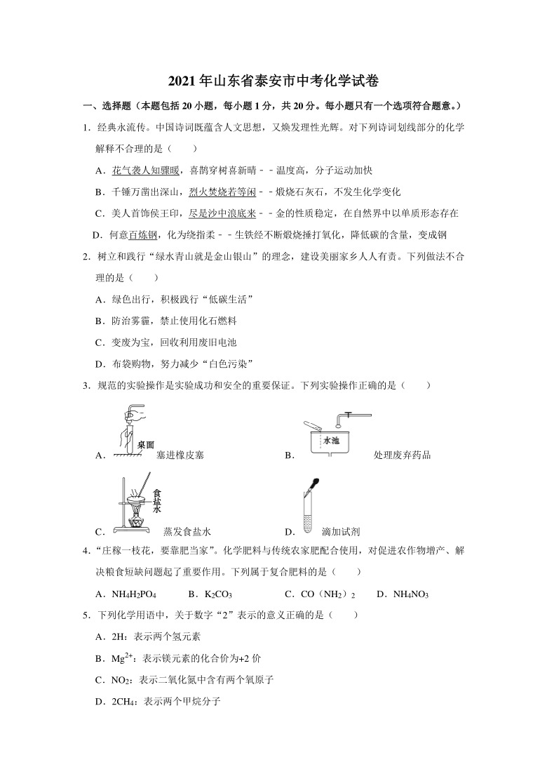 2021年山东省泰安市中考化学试卷解析版