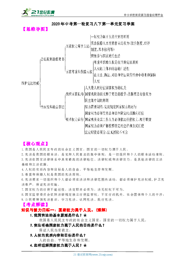 2020年中考第一轮复习八下第一单元复习学案【思维导图】【核心观点】