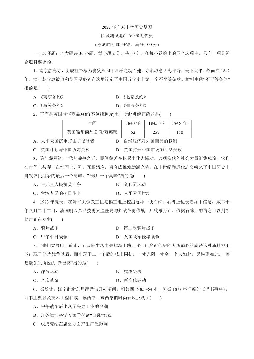 2022年广东省中考历史一轮复习中国近代史阶段测试卷二含答案