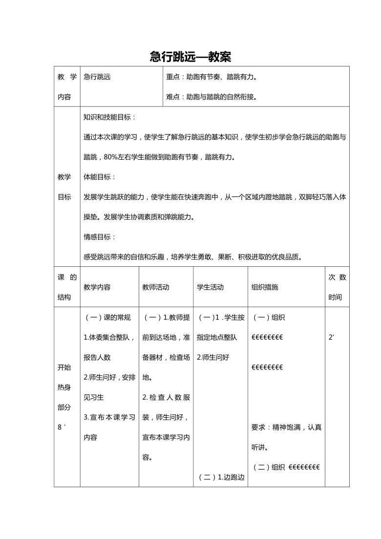 人教版三四年级体育与健康422急行跳远教案