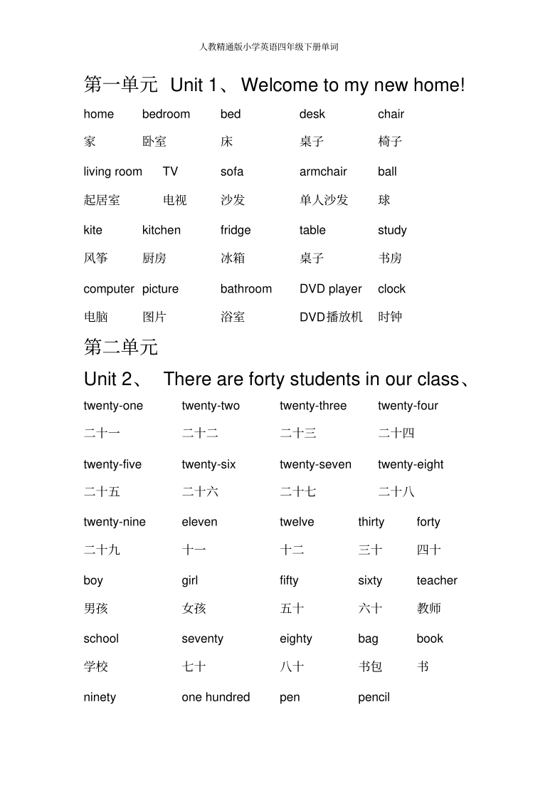 人教精通版小学英语四年级下册单词整理pdf版