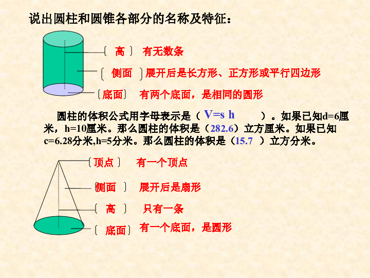 的  体  积说出圆柱和圆锥各部分的名称及特征:高有无数条侧面展开后