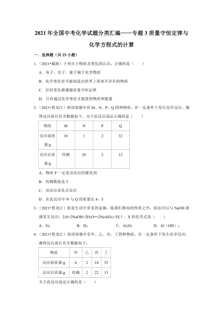 2021年全国中考化学试题分类汇编专题3质量守恒定律与化学方程式的