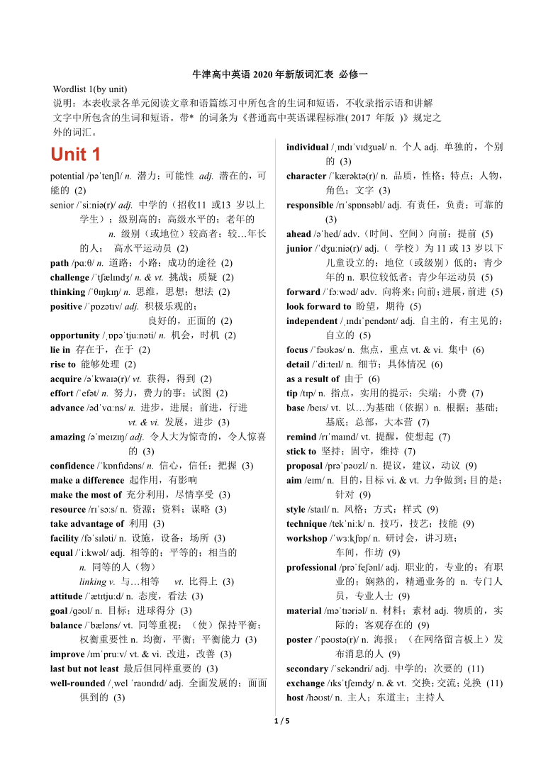 高中英语牛津译林版2019必修一词汇表