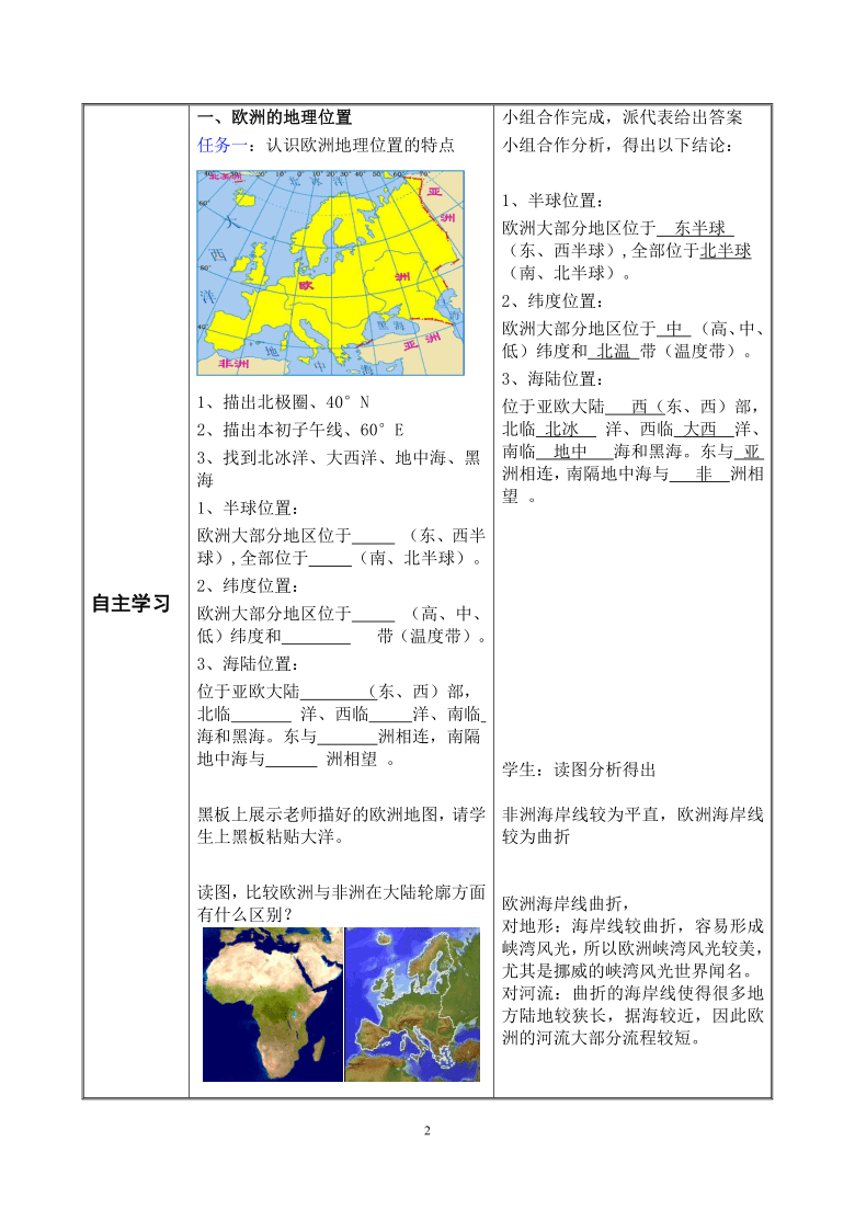 商务星球版初中地理七年级下册第六章活动课认识欧洲教案表格式