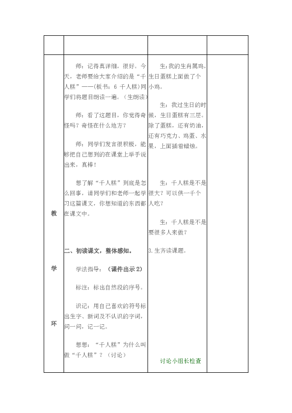 二年级下册语文表格式教案--6. 千人糕(2课时)