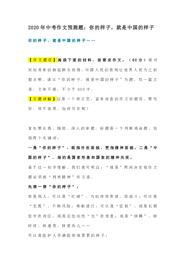 2020年中考作文预测题:你的样子,就是中国的样子