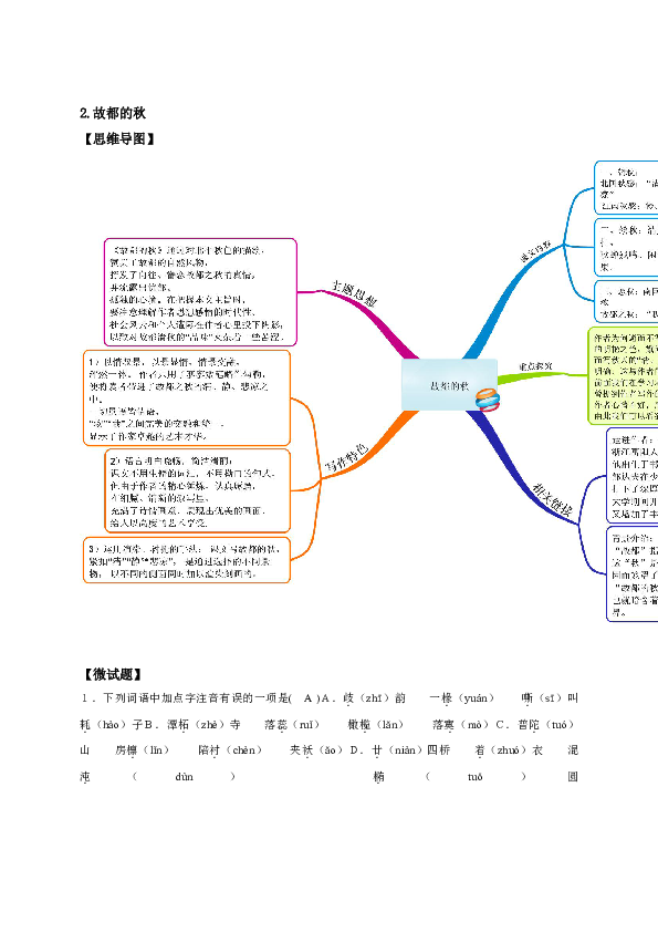 图解教材·人教版语文必修2(思维导图 微试题)2.故都的秋