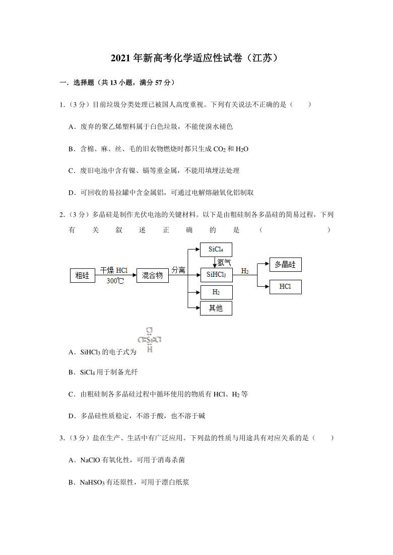 2021年新高考化学适应性练习试卷江苏省2