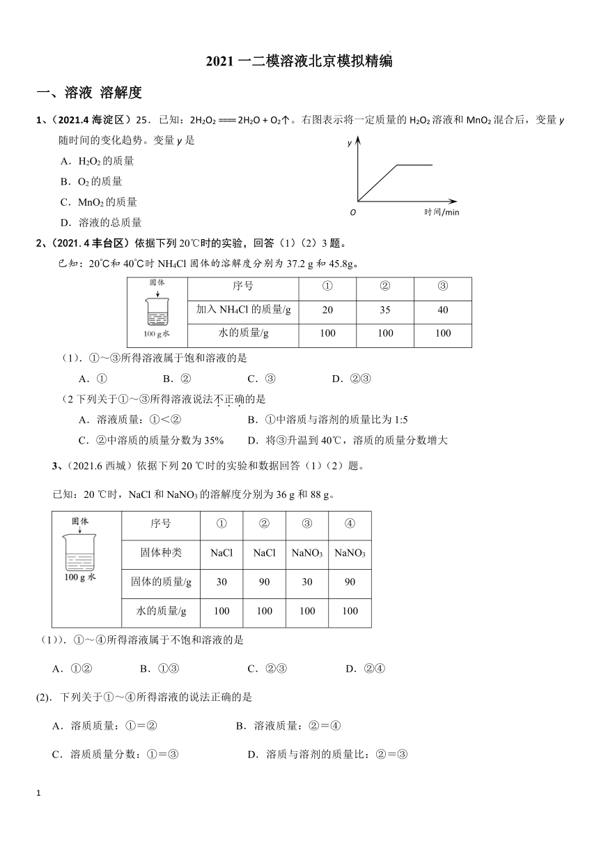 2021年北京市中考化学模拟试题汇编溶液word版有答案