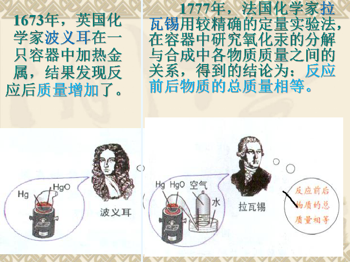 质量守恒定律1673年,英国化学家波义耳在一只容器中加热金属,结果发现
