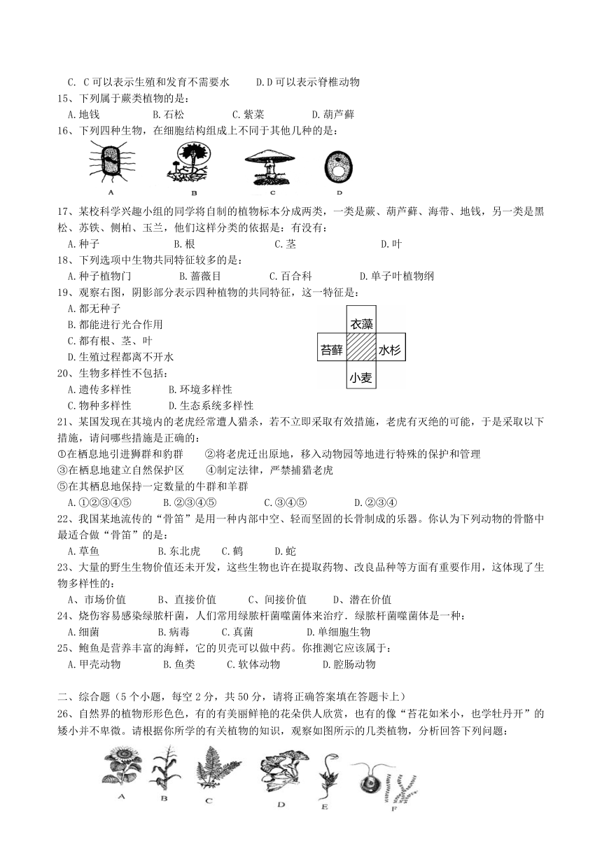 湖南省澧县城关中学2021-2022学年八年级上学期第一次月考生物试题