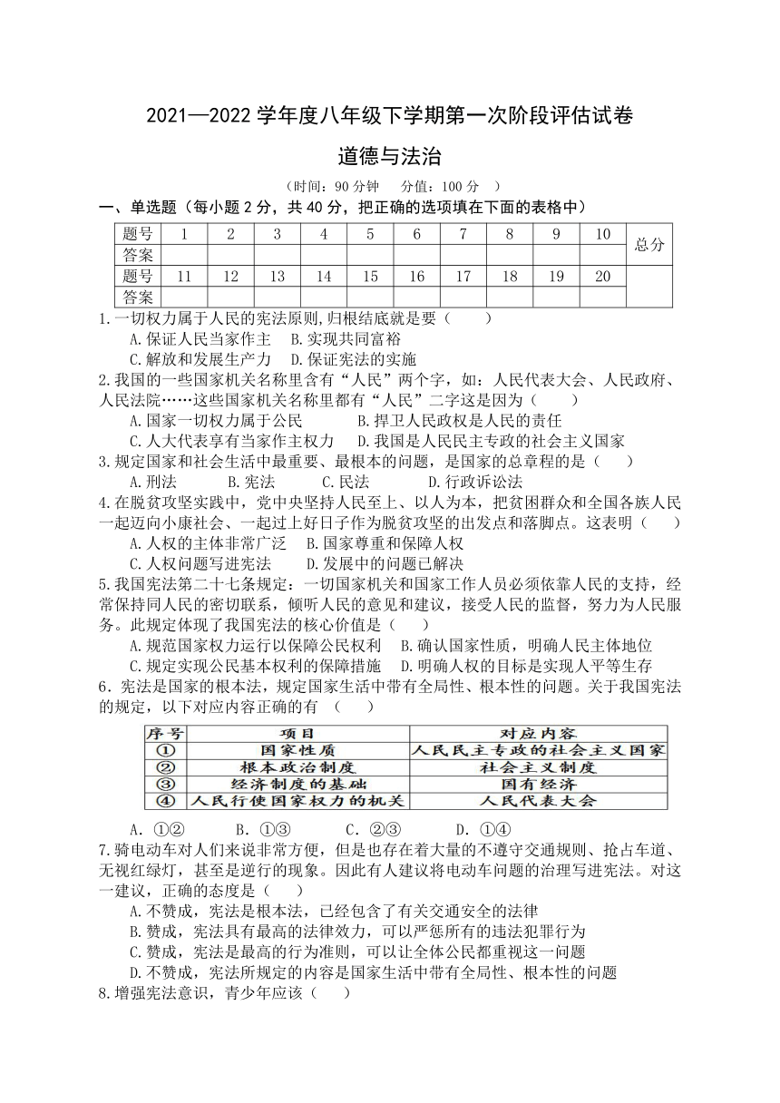 20212022学年八年级下学期第一次阶段评估道德与法治试题word版含答案