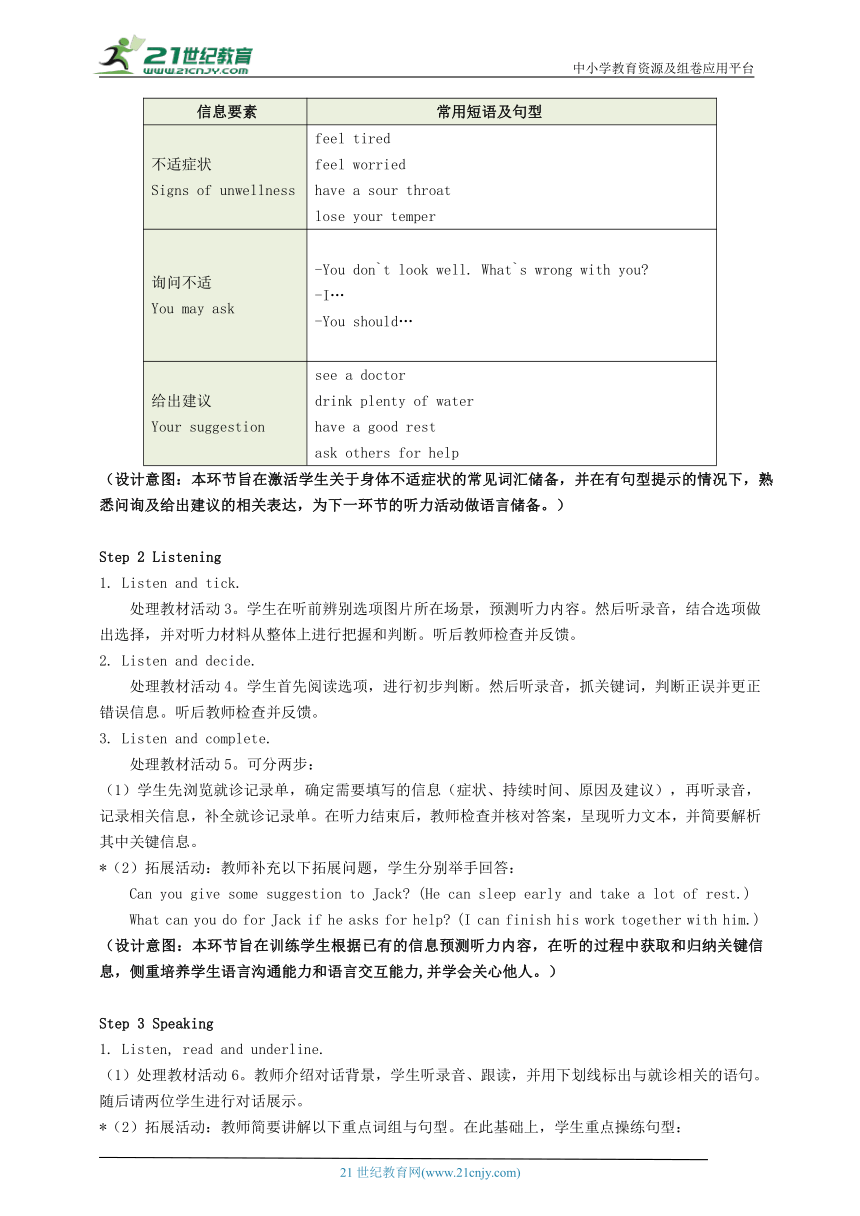 高教版（2021）中职英语基础模块2 Unit 2 Health And Fitness 教学设计方案6课时 21世纪教育网 二一教育