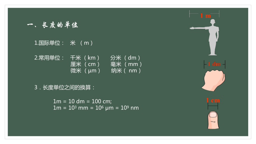 1m1cm一,长度的单位2.常用单位:千米(km)分米(dm)厘米(cm)毫米(mm)