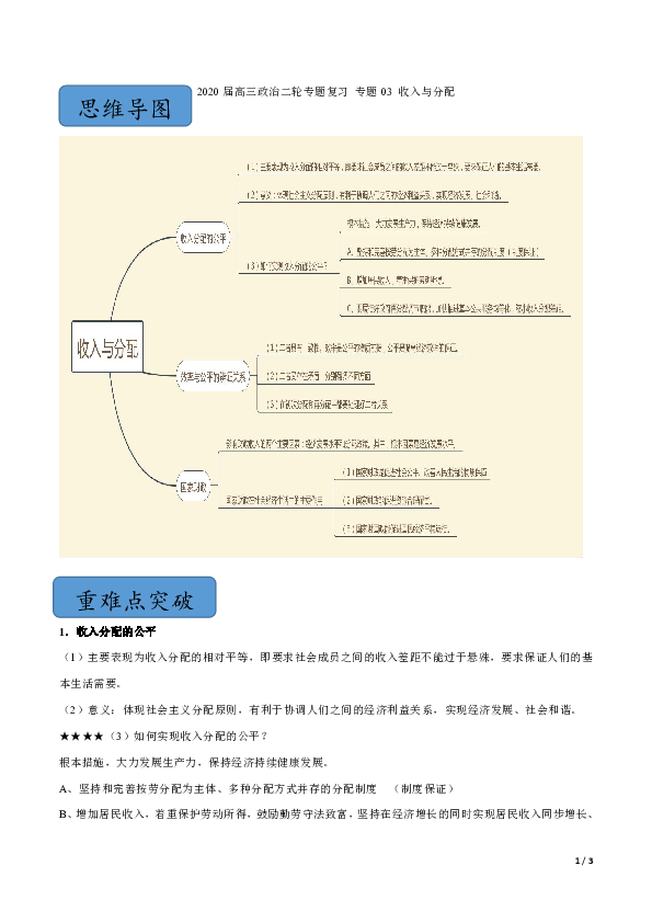 2020届高三政治二轮专题复习 专题03 收入与分配 (思维导图)