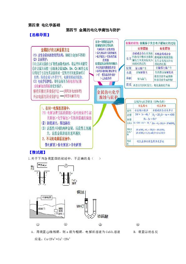 教材图解(思维导图 微试题)人教版化学选修4 4-4金属的电化学腐蚀与