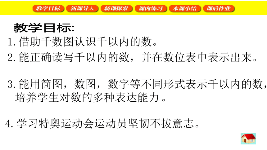 能用简图,数图,数字等不同形式表示千以内的数,培养学生对数的多种