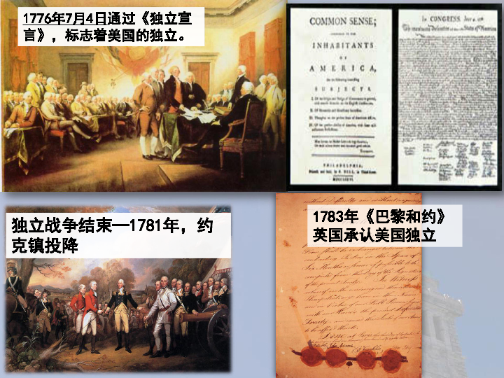 独立战争结束—1781年,约克镇投降1783年《巴黎和约》英国承认美国