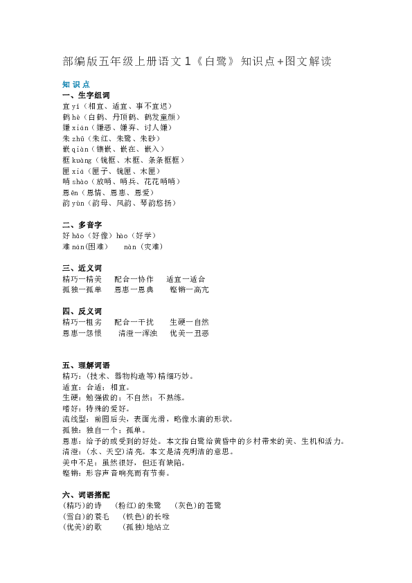 部编版五年级上册语文第1课《白鹭》知识点 图文解读(43页)