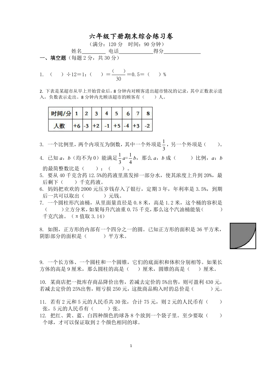 人教版六年级下册数学期末综合练习卷word版无答案