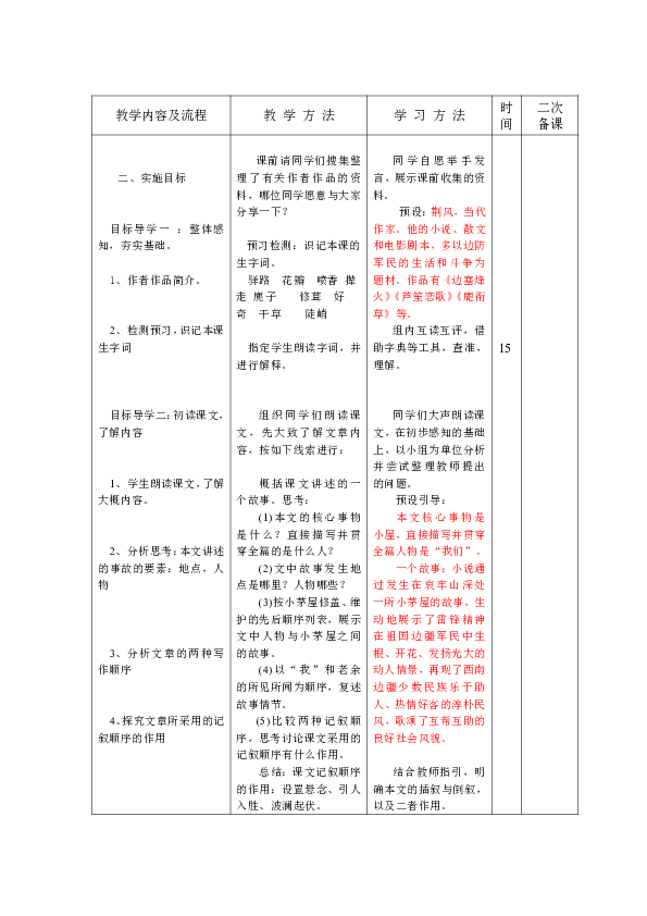 14 驿路梨花 教学案(表格式,2课时)