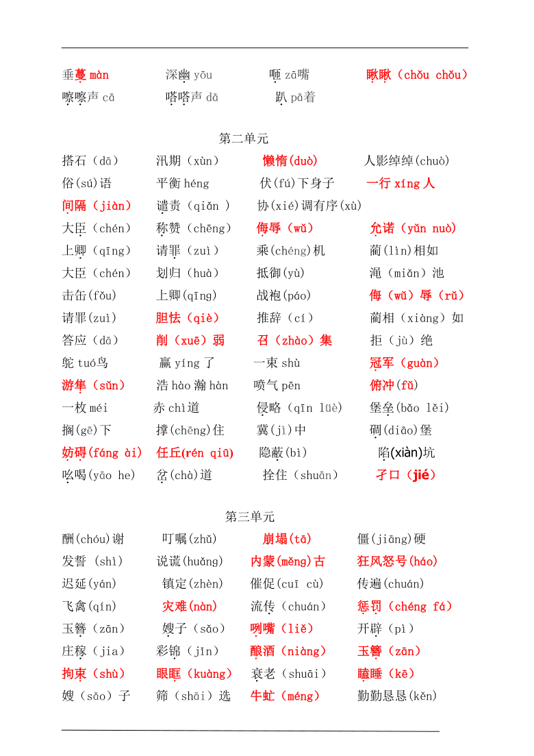 最新编必考部编版五年级语文上册易错读音分类复习14单元