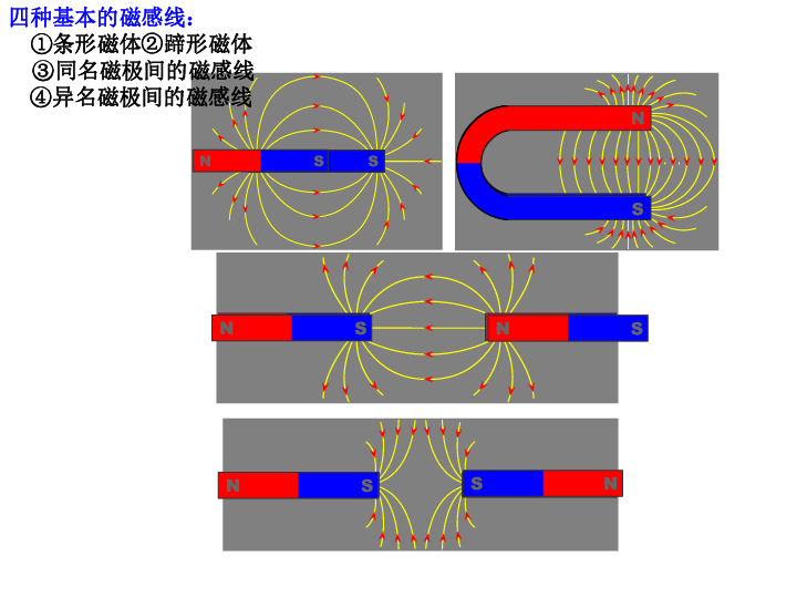 ①条形磁体②蹄形磁体    ③同名磁极间的磁感线 ④异名磁极间的磁