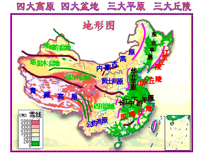 中国地形,气候的主要特征及主要河流四大高原四大盆地三大平原三大